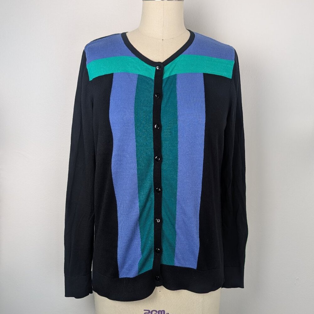 Color Block Cardigan Cotton Blend Women's Fashion Blue and Black Soft Sweater